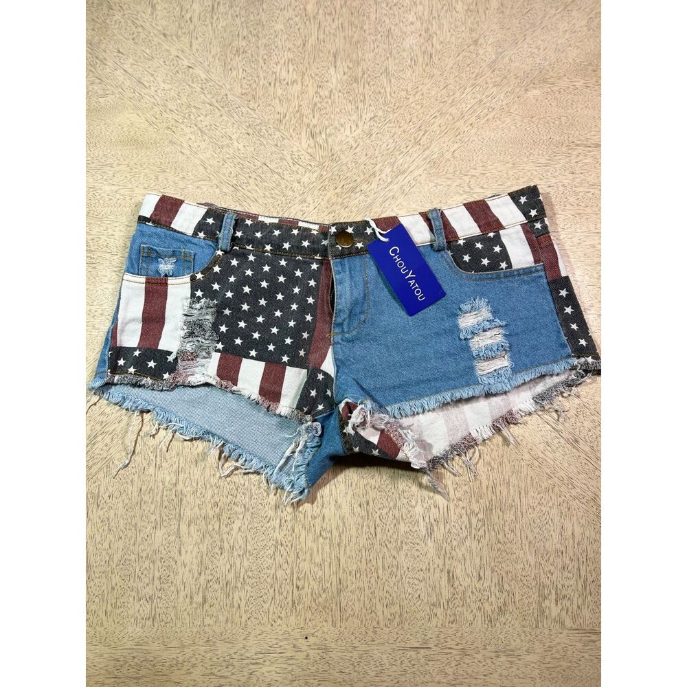 ChouYatou Womens Large American Flag Denim Shorts Distressed Cutoff NWT